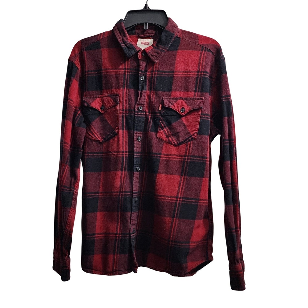 Levis Plaid Flannel Shirt Button Up Long Sleeve Red Black Kids Size L